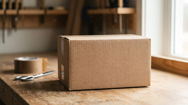 Corrugated cardboard box with sealed edges sitting on a wooden workbench next to a roll of packing tape and scissors, logistics or shipping preparation