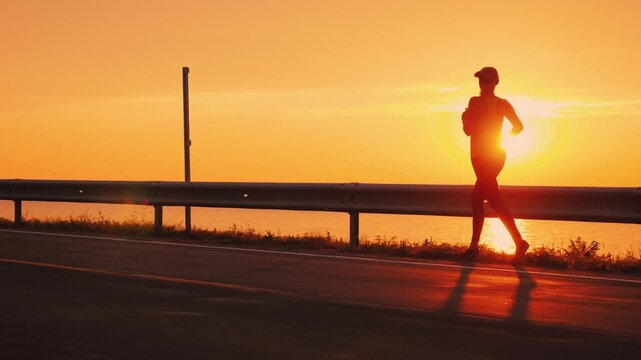 Woman running on road near ocean at sunset or sunrise active female workout training jogging exercising outdoors.
