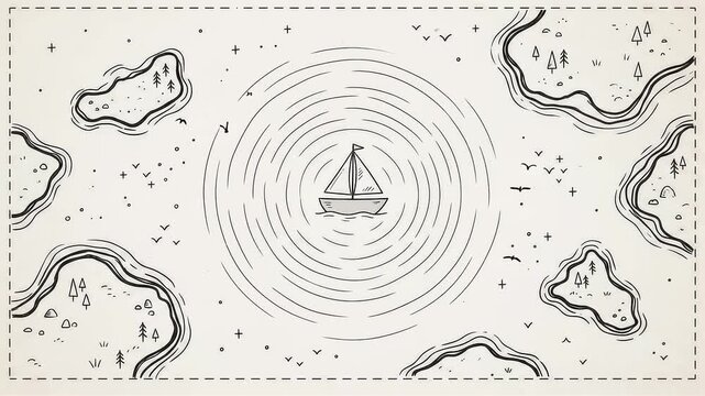 Hand drawn sailboat animation on a nautical map with moving water ripples