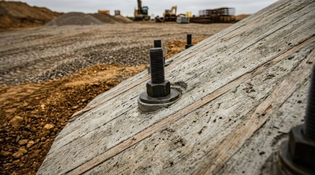 Close-up of a heavy-duty steel bolt and washer on a weathered wooden surface at a construction site