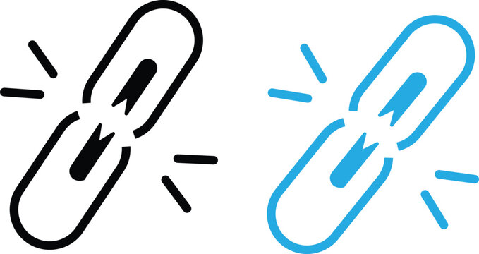 Broken chain link icon set vector with crack details. Unlink and disconnected URL symbol for error 404 page concept. Black and blue line hyperlink 
