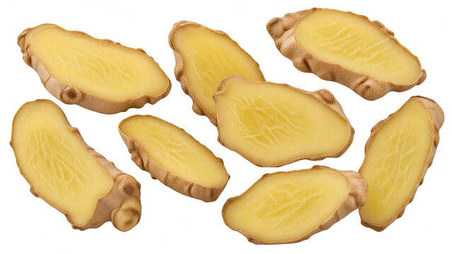 Scattered Fresh Thin Raw Yellow Ginger Root Slices Isolated on Transparent Background PNG