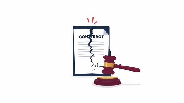 Broken contract document with a gavel and warning symbol in a clean flat 2D vector motion animation with alpha channel and transparent background.