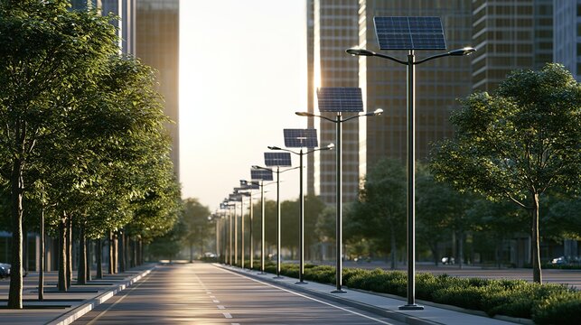simple commercial science‑popular illustration, modern smart city street, solar street lamps with photovoltaic panel lamp heads, clean sidewalks and street trees