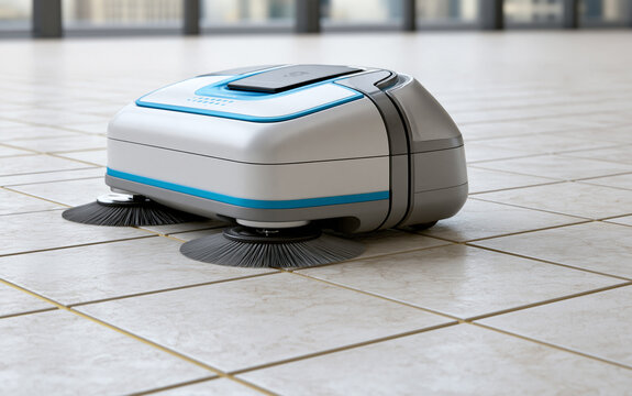 A robot floor cleaner is actively cleaning a tiled floor surface. The device features rotating brushes and is positioned at an angle as it works