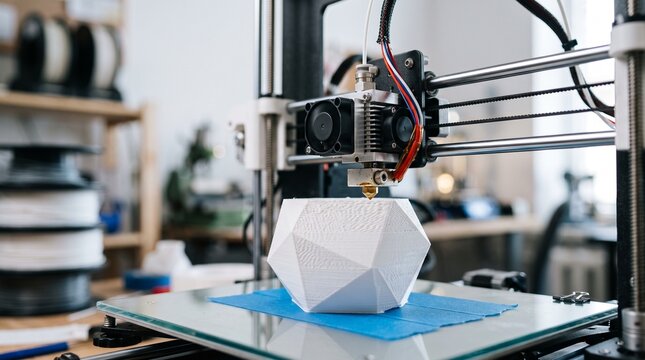 3D printer fabricating white geometric object on blue build plate
