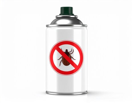White aerosol spray can with a red prohibition sign over a tick insect on a white background, representing tick repellent and pest control.
