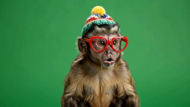 Capuchin monkey wearing a colorful knitted beanie and red heart shaped glasses against a solid green background