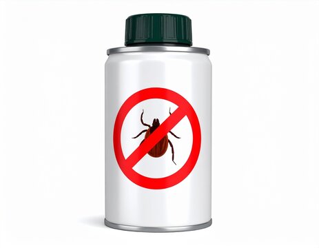 White aerosol spray can with a red prohibition sign over a tick insect on a white background, representing tick repellent and pest control.
