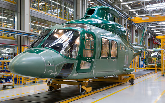 Modern helicopter fuselage rotating on assembly line in a clean and bright factory, showcasing advanced manufacturing processes and innovative technology