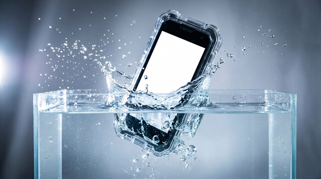 Smartphone splashing into clear water creating dynamic splash and ripples, dynamic motion, abstract liquid impact, conveying risk and protection, technology concept