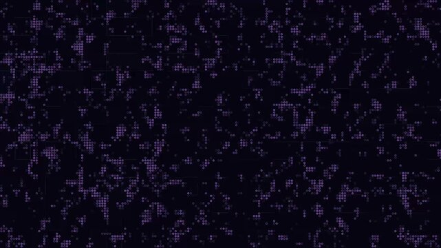 Abstract purple technology background with glowing binary data matrix grid and cyber pixel motion texture for futuristic communication network and artificial intelligence