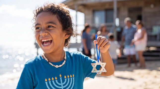 Sunny Pacific Islander child in ocean blue shirt holding shell Star of David, ideal for coastal Hanukkah banners and invitations.