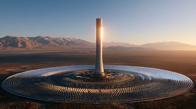 simple documentary science‑popular picture, tower‑type concentrated solar power station, central heat‑collection tower, surrounding circular heliostat mirror array