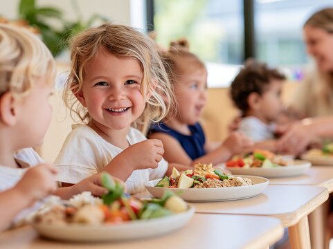 Young children smiling at a shared table with plates of colorful food, seated indoors beside bright windows in a cheerful classroom dining setting