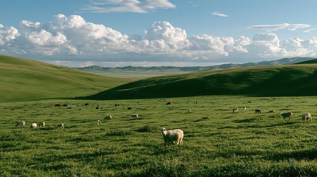 simple documentary science‑popular picture, restored degraded grassland full of vitality, rolling grassland, scattered cattle and sheep, distant hills