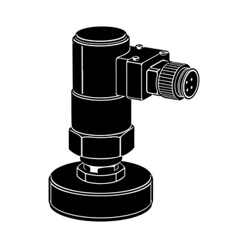 Minimalist Black Line Art Vector Illustration of Industrial Vibration Accelerometer Sensor featuring Circular Magnetic Mounting Base and Right-Angle M12 Circular Connector Port   