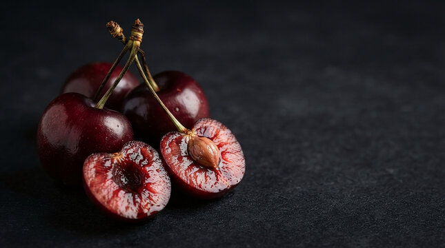 Dark red cherries with stems and one halved cherry on black textured background whole stem fresh ripe glossy fruit food photography still life natural light