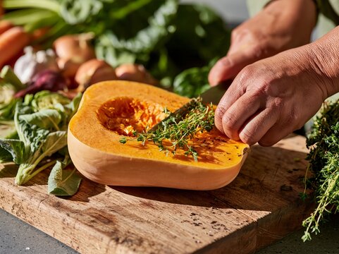Hands cutting herbs over a halved butternut squash on a rustic wooden cutting board surrounded by fresh vegetables and leafy greens, close up food preparation scene