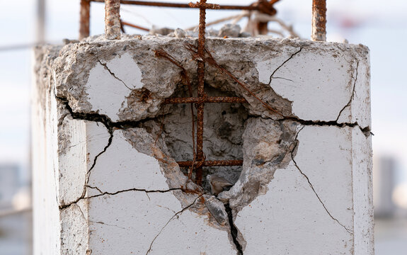 Severely damaged concrete pillar shows large cracks, spall. Rusted steel rebar mesh exposed inside broken cement column. Industrial infrastructure decay at construction site abandoned building.
