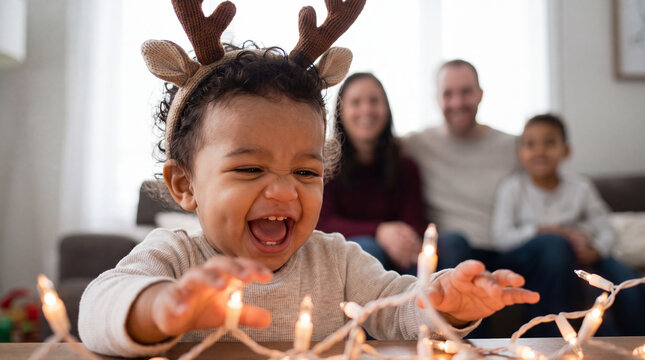 Happy mixed baby wearing reindeer antlers reaching for lights for cozy Christmas greeting banners