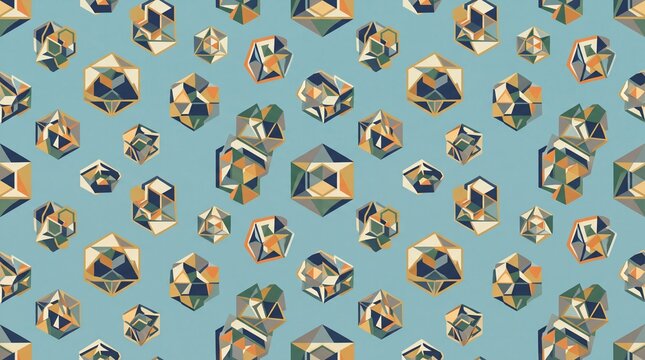 This seamless repeat pattern features a tossed arrangement of multi-colored abstract geometric crystals and polygons on a soft blue background, ideal for modern textile and wallpaper designs.