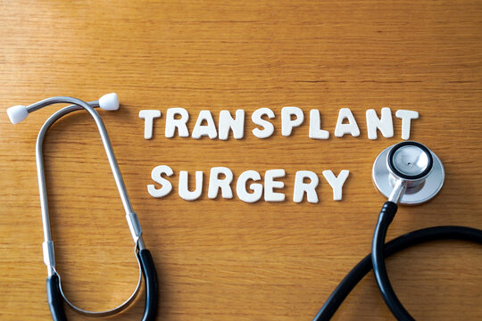 transplant surgery. Words formed with wooden letters, accompanied by a medical stethoscope.