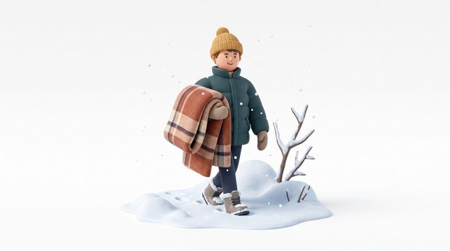 Boy walking in snow with blanket