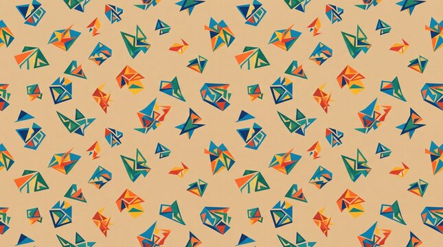 A vibrant seamless pattern featuring scattered abstract geometric shapes in a tossed repeat style on a warm beige background.