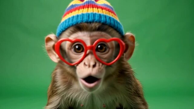 Small monkey wearing a colorful knitted beanie and red heart shaped glasses looking surprised against a bright green