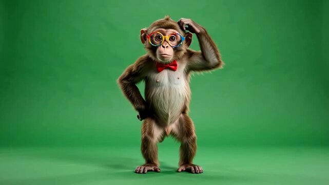 Monkey wearing red glasses and a bow tie scratching its head while standing against a solid green background