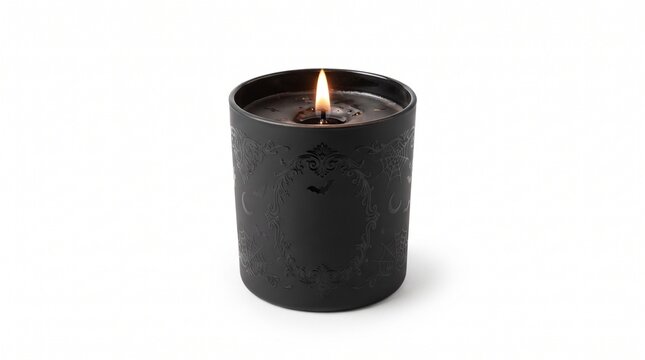 Black textured candle in a glass holder with burning wick