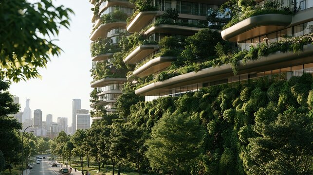 simple commercial realistic, modern high‑rise building facade covered with vertical greening