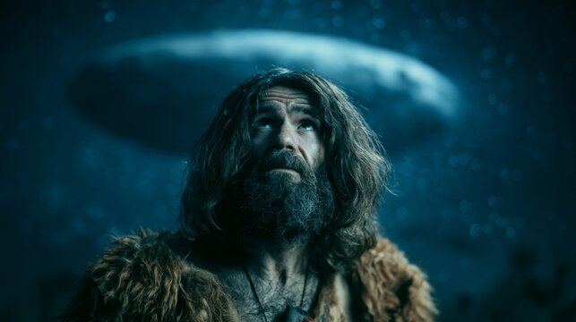 Caveman observing a UFO at night.