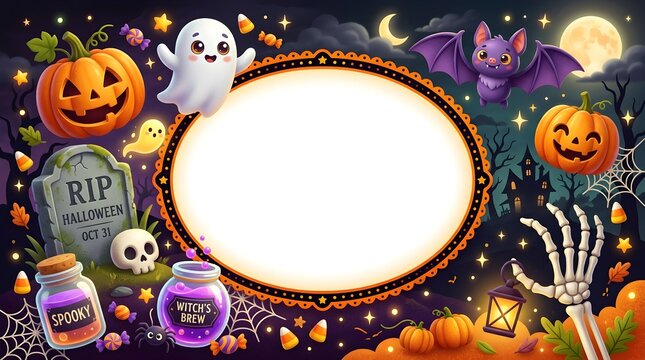 Spooky halloween background with pumpkins ghosts and a blank frame for text