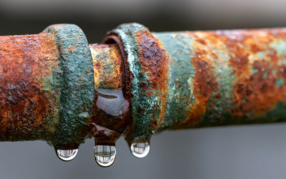 Corroded old pipe with rust texture shows dripping water drops. Metal joint connection point leaks liquid, indicating plumbing damage and system failure.