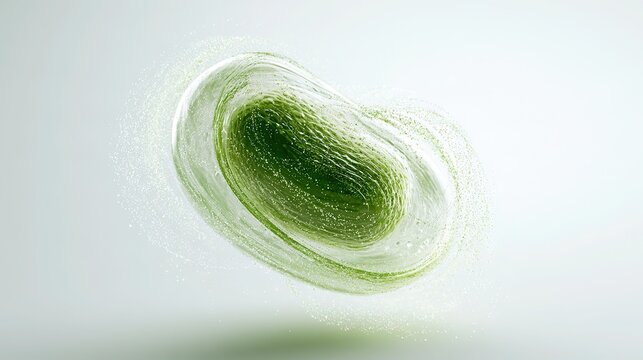simple modern scientific visualization, chloroplast structure in plant cell, photosynthesis concept, soft flowing light‑energy particles, pale green and white palette