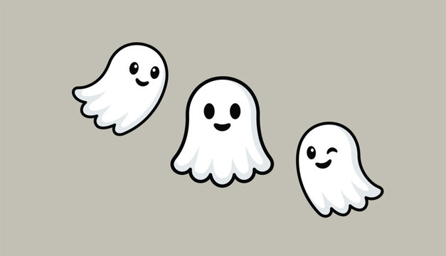 Three cute cartoon ghosts floating on a gray background playful halloween spirit characters