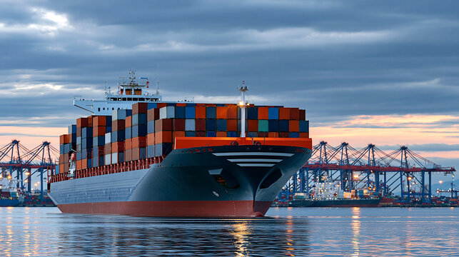 Wide shot of container ship at anchor near industrial port with cranes loading cargo, dramatic overcast sky, global shipping concept, photorealistic stock image