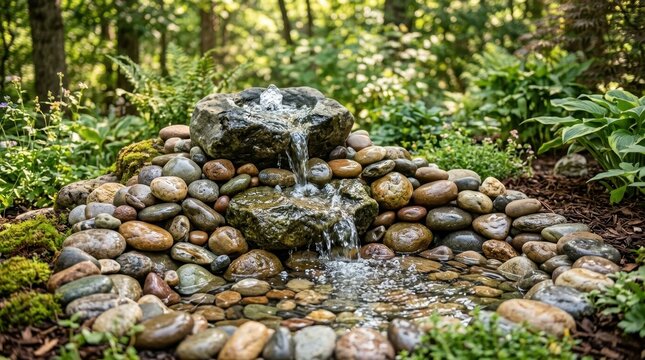 Serene Stone Fountain with Cascading Water Flowing Over Rocks in a Lush Garden Setting
