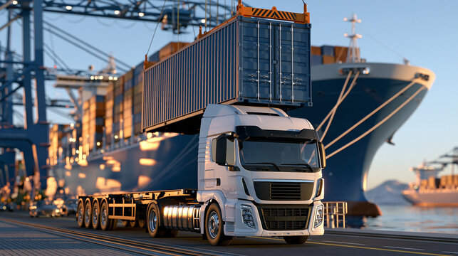Close three-quarter view of cargo ship container being lowered by crane onto truck chassis at busy port, industrial evening light, photorealistic stock image