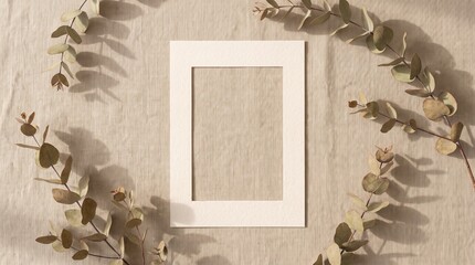 Blank paper frame on linen fabric with dried eucalyptus branches © Muhammad Qasim