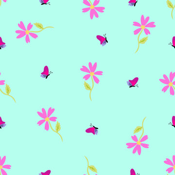 A charming seamless pattern featuring pink flowers, green leaves, and flying butterflies on a light blue background for spring wrapping paper and fabric.