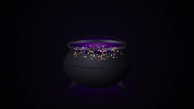 Premium 3D Halloween animation showing magical ingredients entering a dark witch's cauldron, triggering colorful energy reactions and forming a glowing purple magical potion vortex.