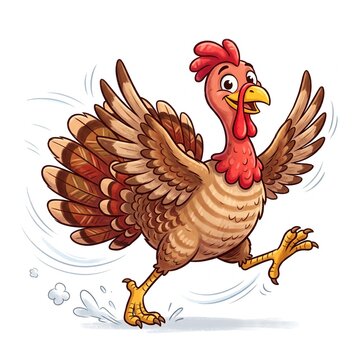Cartoon turkey running quickly with wings spread in a playful illustration