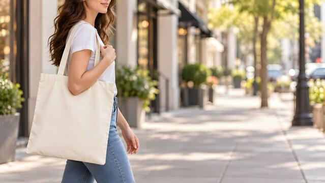 woman walking with tote bag on city sidewalk
