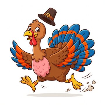 Cartoon turkey running with a hat on in a playful thanksgiving illustration