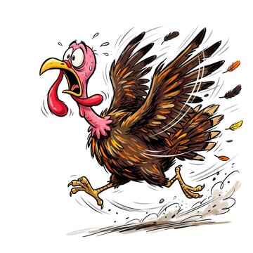 Cartoon turkey running in a panic with wings spread and feathers flying