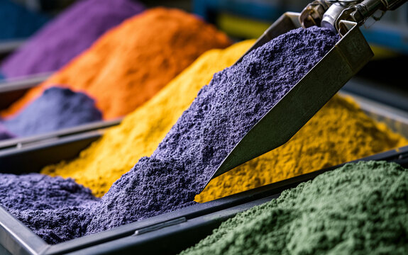 Brightly colored powders scooped into industrial bins. Pigments in purple, orange, yellow, green form distinct heaps. Scene bulk material sorting, processing