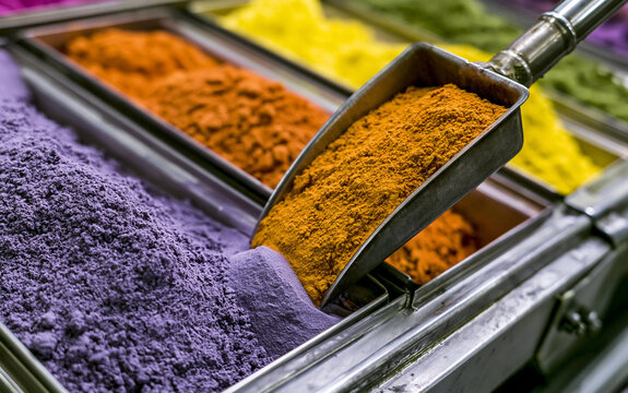 Brightly colored powders scooped into industrial bins. Pigments in purple, orange, yellow, green form distinct heaps. Scene bulk material sorting, processing